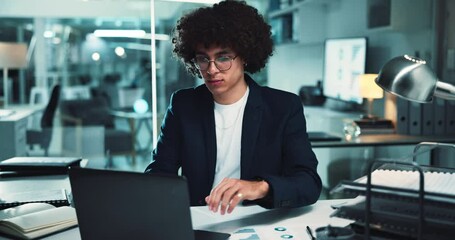 Poster - Office, businessman and laptop for typing, research and working late with charts in finance agency. Male person, technology and documents for investment in company for growth, stock market and night