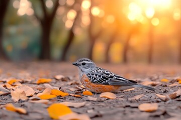 Poster - A bird lying motionless on the forest floor, surrounded by fallen leaves and soft light filtering through the trees