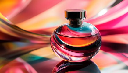 Poster - A colorful glass perfume bottle rests on a shiny surface surrounded by vibrant swirls