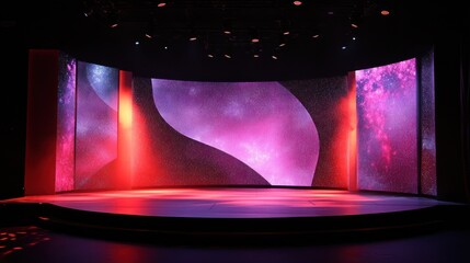 Poster - Futuristic stage backdrops with interactive elements and digital integration.