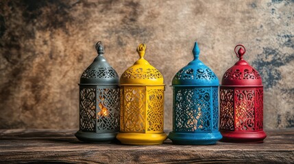 Poster - Colorful Decorative Lanterns on Rustic Wood Background