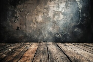 Poster - Dark room with rustic wooden floor and grunge wall.