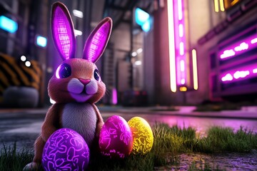 Leinwandbilder - A cyberpunk-themed Easter scene with glowing neon eggs, a robotic bunny, and a futuristic urban backdrop filled with holographic flowers