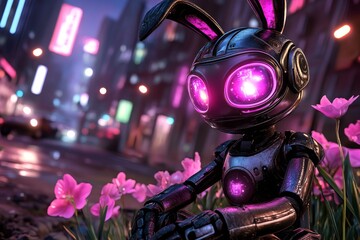 Leinwandbilder - A cyberpunk-themed Easter scene with glowing neon eggs, a robotic bunny, and a futuristic urban backdrop filled with holographic flowers