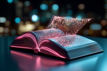 Aufkleber - A cyberpunk-themed depiction of an ebook reader with neon-lit pages and a glowing holographic display, set in a futuristic urban environment