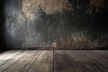 Poster - Dark grunge textured wall and wooden floor background.