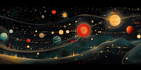 Poster - A vibrant cosmic scene depicting various planets and stars in a swirling galaxy.
