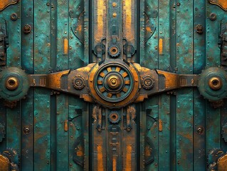 Poster - A detailed, steampunk-style metallic door with intricate designs and a weathered finish.