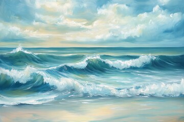 Wall Mural - serene ocean waves under a bright sky: a beautiful seascape oil painting with lush blues, gentle cur
