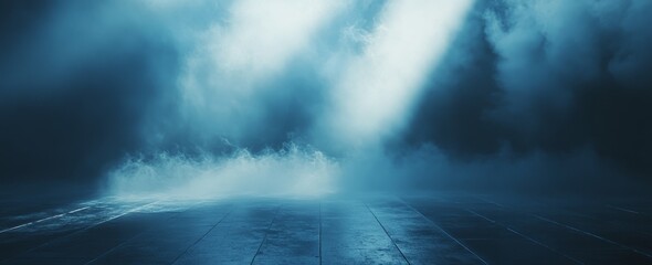 Poster - Dark blue smoky background with wooden floor.