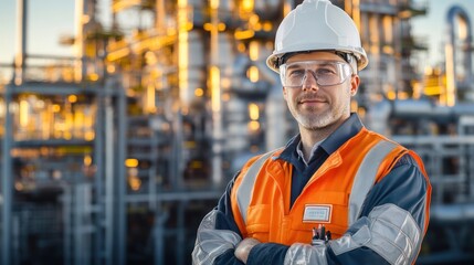 Poster - industrial engineer in safety gear, ready for work in a factory.