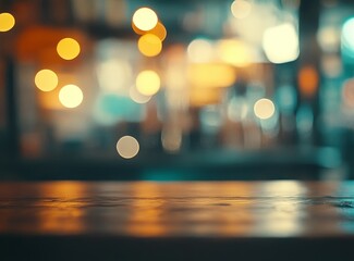 Poster - Dark wooden bar counter with blurred bokeh lights background.