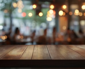 Poster - Empty wooden table in blurry restaurant background. (1)