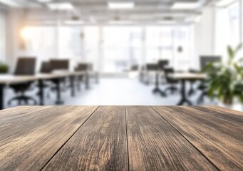 Poster - Wooden table in blurred modern office background.