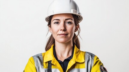 Poster - Portrait of a female engineer in a hard hat, standing confidently,