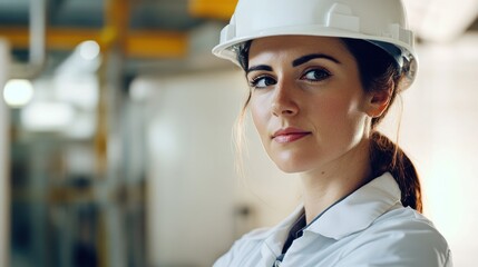 Poster - Portrait of a female engineer in a hard hat, standing confidently,