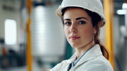 Poster - Portrait of a female engineer in a hard hat, standing confidently,