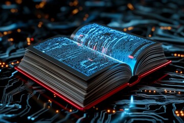 Aufkleber - A futuristic depiction of an ebook reader with a holographic screen projecting interactive book pages, set against a high-tech background