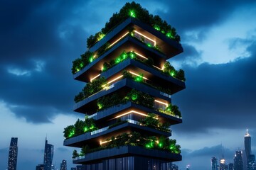 Poster - A futuristic depiction of an eco-city powered by renewable energy, with towering vertical gardens, glowing green lights, and advanced solar technology