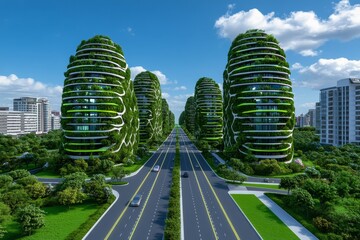 Poster - A futuristic depiction of an eco-city powered by renewable energy, with towering vertical gardens, glowing green lights, and advanced solar technology