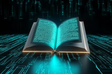 Poster - A futuristic editing interface projected in holographic 3D, with a glowing manuscript surrounded by dynamic AI editing tools