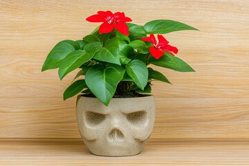 Poster - A gothic dwarf plant with black leaves and glowing red flowers, growing in a skull-shaped pot under a shadowy light