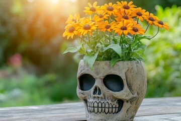 Poster - A gothic dwarf plant with black leaves and glowing red flowers, growing in a skull-shaped pot under a shadowy light