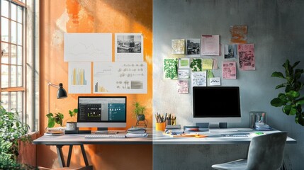 Leinwandbilder - One side showcases a minimalist workspace filled with light, while the other features an artistic arrangement with vibrant decor and creative clutter. Generative AI
