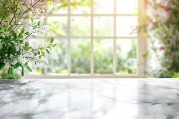 Wall Mural - bright spring flowers on marble surface near window with garden view.
