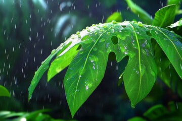 Poster - A hyper-realistic close-up of water droplets falling onto a vibrant green leaf, with intricate reflections and textures visible