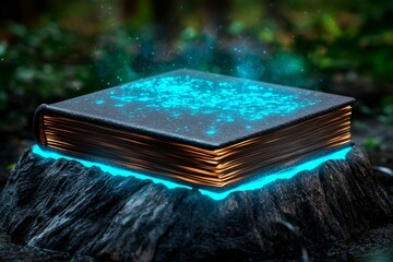Aufkleber - A magical depiction of an ebook reader displaying glowing, animated book pages surrounded by a magical aura in a mystical forest