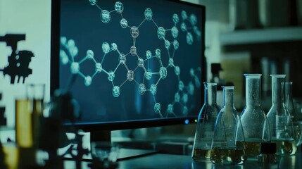 Poster - Laboratory Scene with Computer Displaying Molecular Structure