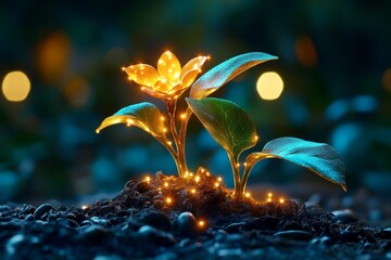 Poster - A magical dwarf plant with glowing leaves and tiny flowers radiating soft golden light, growing in an enchanted forest