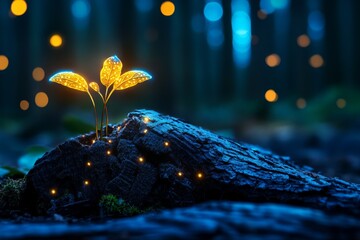 Poster - A magical dwarf plant with glowing leaves and tiny flowers radiating soft golden light, growing in an enchanted forest