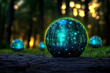 Poster - A magical ecommerce marketplace with floating products displayed in glowing orbs, set in a dreamy, enchanted forest