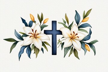 Poster - A minimalist design of a cross surrounded by lilies, illustrated with clean lines and muted pastel colors