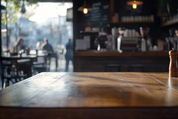 Aufkleber - Empty wooden table in a sunlit cafe with blurred background of customers.