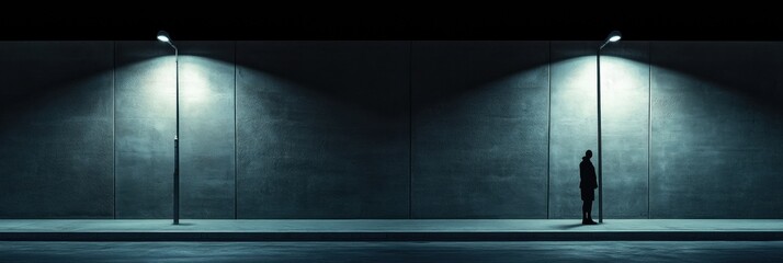 Aufkleber - A solitary person stands still on an empty street at night, surrounded by dim streetlights creating soft shadows against a blank wall. Generative AI
