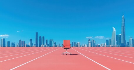 Wall Mural - City Executive on the Move: Man in White Shirt and Tie Sitting on Office Chair with Laptop on Running Track with Skyline Background