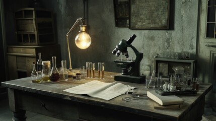 Poster - Vintage Laboratory Scene with Glassware and Microscope on Table
