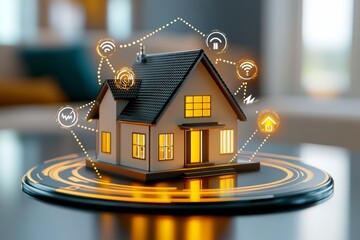 Poster - A pixel art depiction of a smart home interface managing energy efficiently, with animated lights and tiny icons glowing in an 8-bit retro style