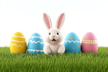 Poster - A playful 2D illustration of a bunny hopping over colorful Easter eggs, drawn in vibrant colors on a white background