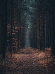 Poster - Pathway through a serene forest leads into thick woods, providing a tranquil atmosphere perfect for reflection and inspiration. Generative AI
