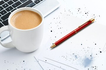 Aufkleber - A soft watercolor painting of an editor desk, with light washes of color showing a manuscript, red pen, and coffee mug