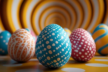 Poster - A vibrant 3D rendering of colorful Easter eggs arranged in a spiral, with glowing patterns and reflections creating a dynamic visual effect