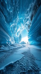 Poster - A stunning ice cave with vibrant blue hues and a pathway leading to light.