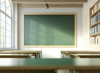 Poster - Empty classroom with chalkboard, desks, bookshelves, and sunlight streaming through window.