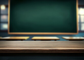 Poster - Empty wooden table in front of blurred classroom with chalkboard.