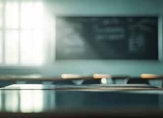 Poster - Empty classroom desk with chalkboard and window in background.