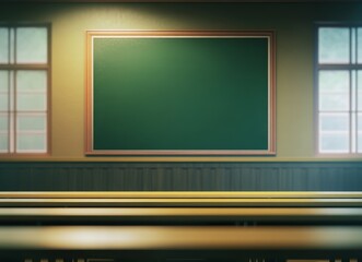 Poster - Empty classroom with chalkboard and desks.